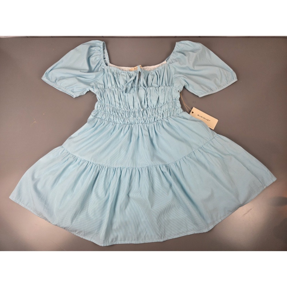Bluevelvet NWT Sz‎ L Poplin Tiered Dress Turquois White Vertical Stripe Milkmaid